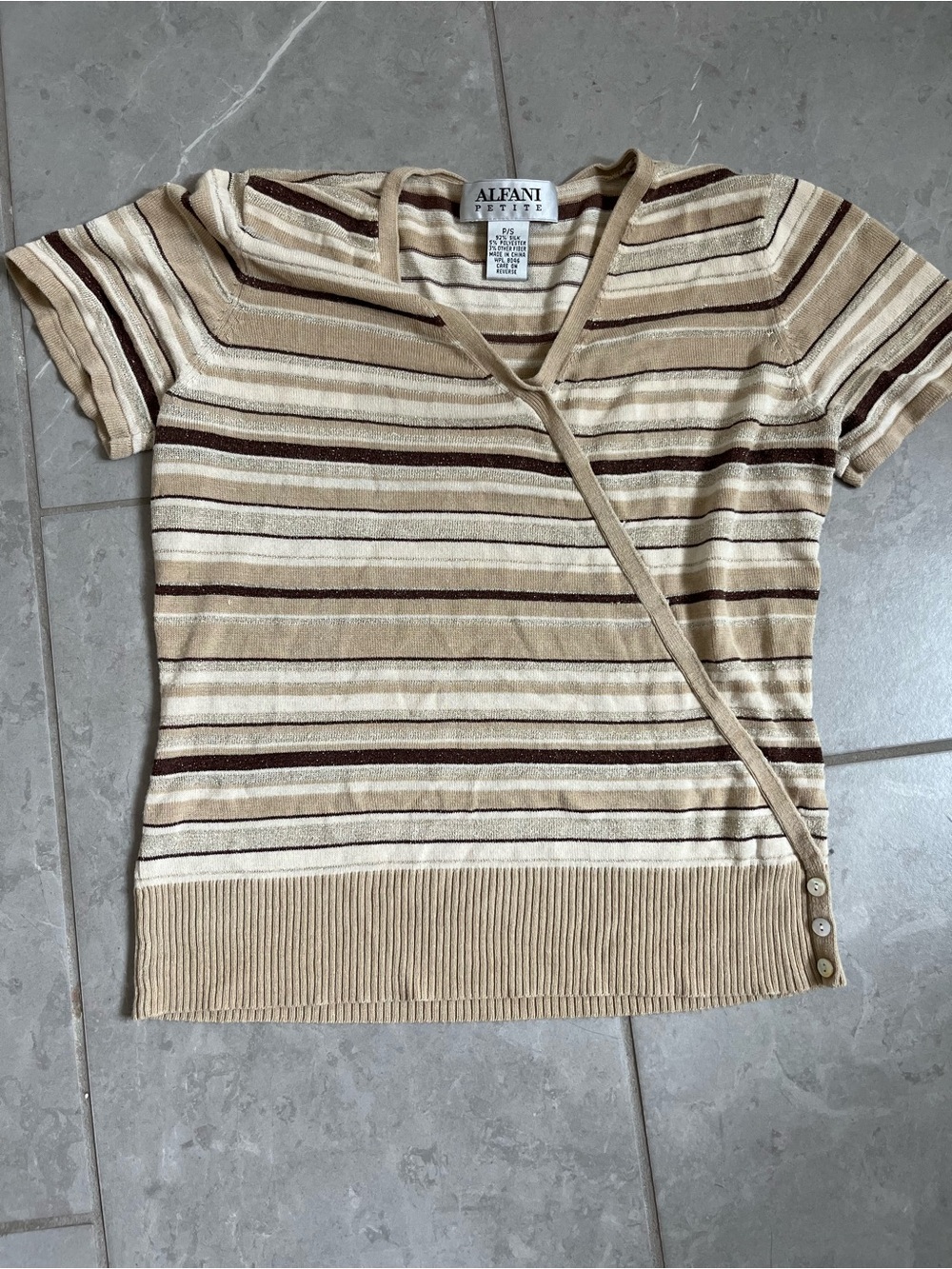 Alfani Beige, Cream & Brown Striped Short-Sleeve Wrap Knit Top